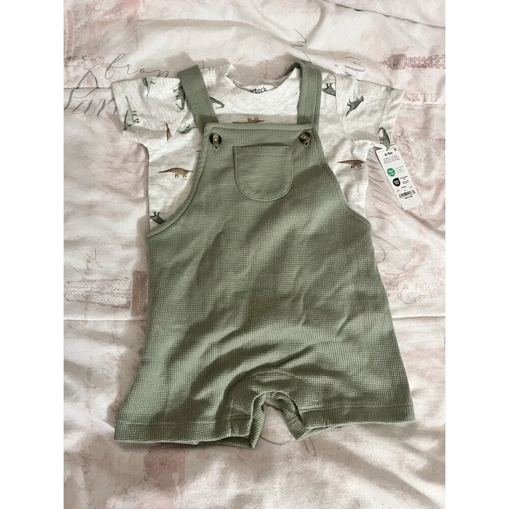 Carter’s Chid Of Mine Green Shorts Overalls With Dino Shirt